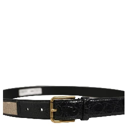 Beige Black Woven Leather Metal Buckle Belt