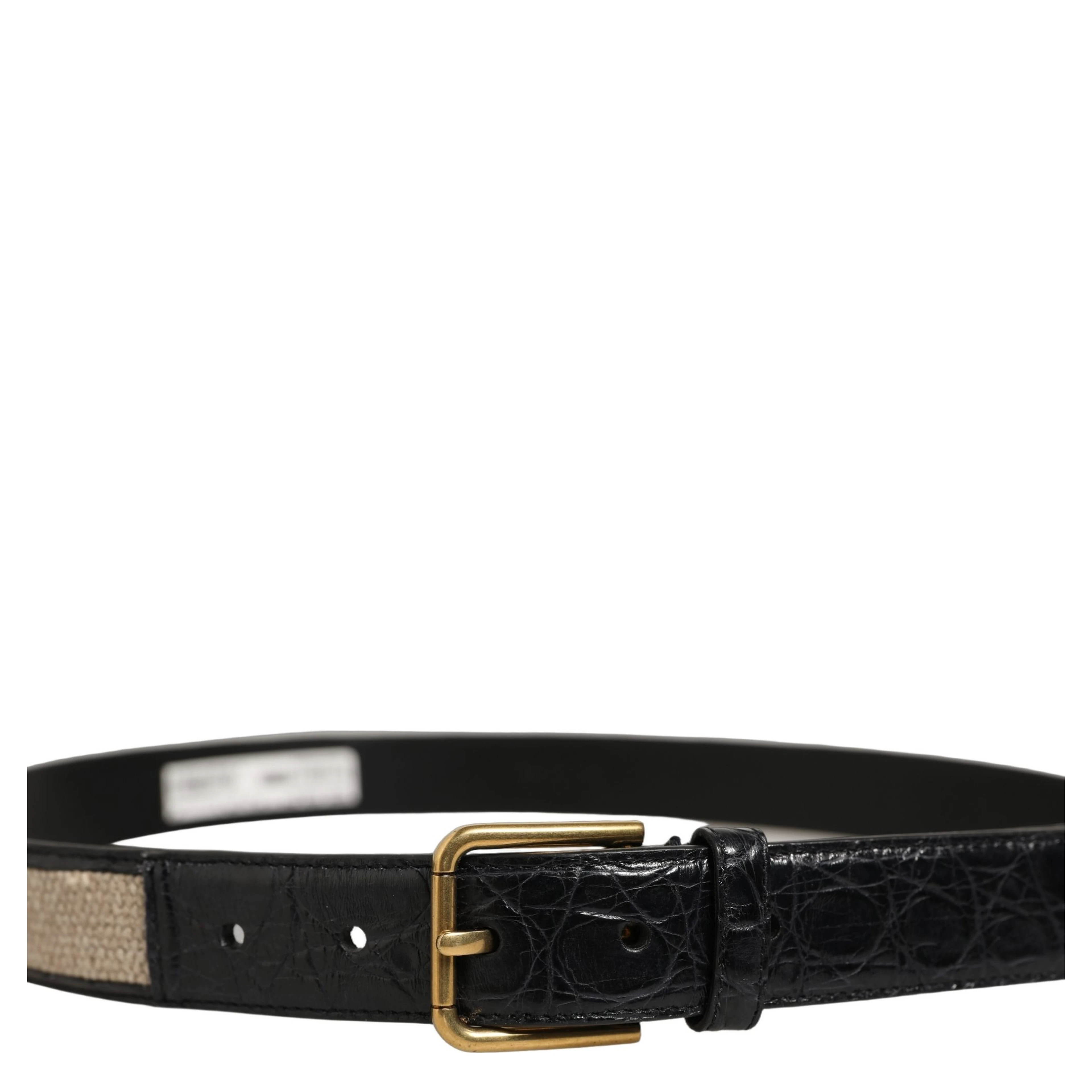 Beige Black Woven Leather Metal Buckle Belt