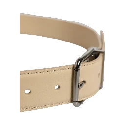 Beige Leather Silver Tone Metal Buckle Belt