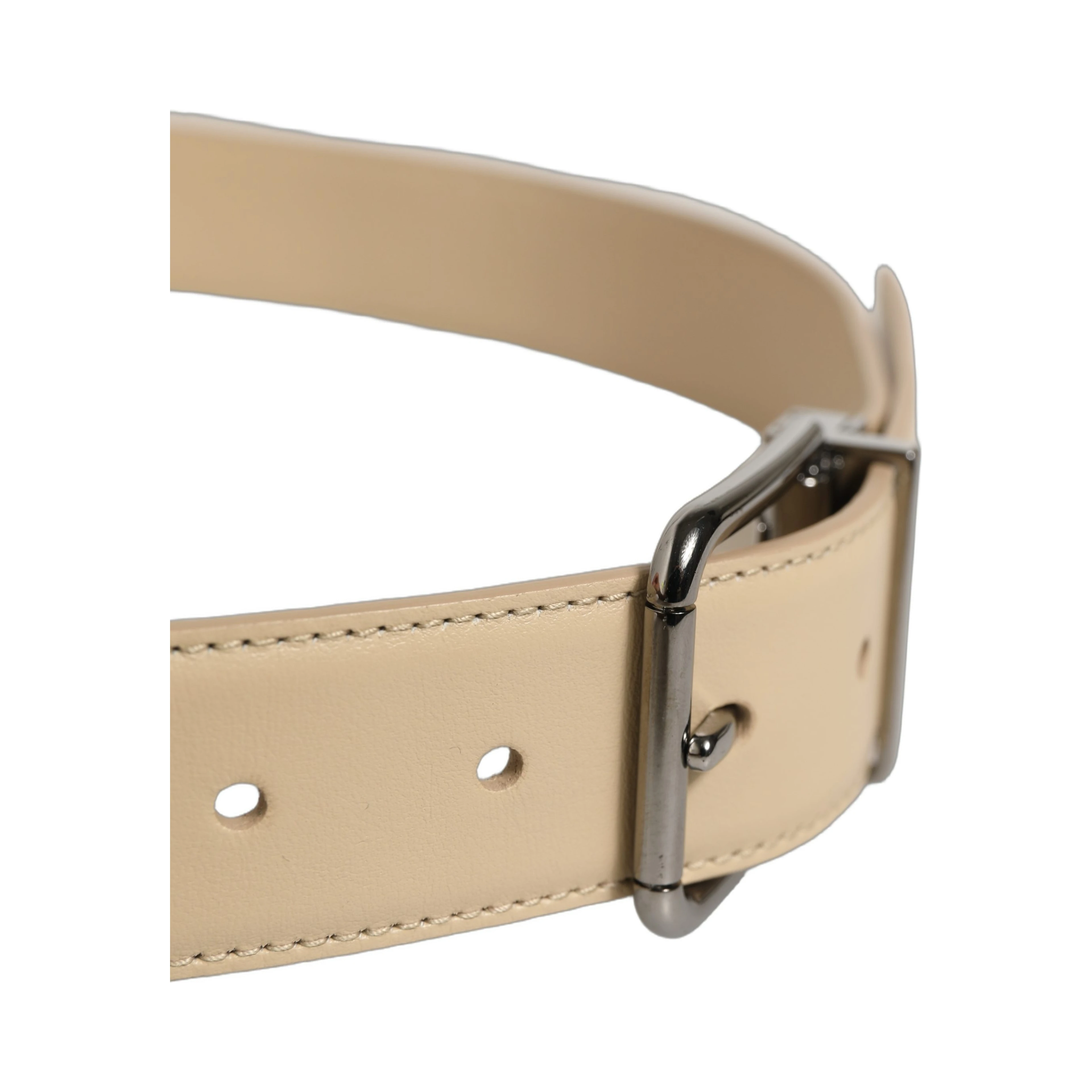 Beige Leather Silver Tone Metal Buckle Belt