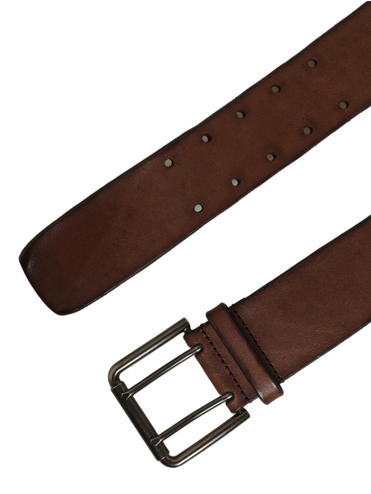 Belt Brown Leather Double Prong Metal Buckle