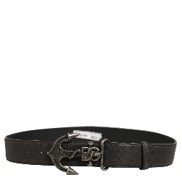 Black Leather Anchor Logo Metal Buckle Belt