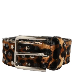 Brown Leopard Calf Hair Studs Metal Buckle Belt
