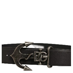 Black Leather Anchor Logo Metal Buckle Belt