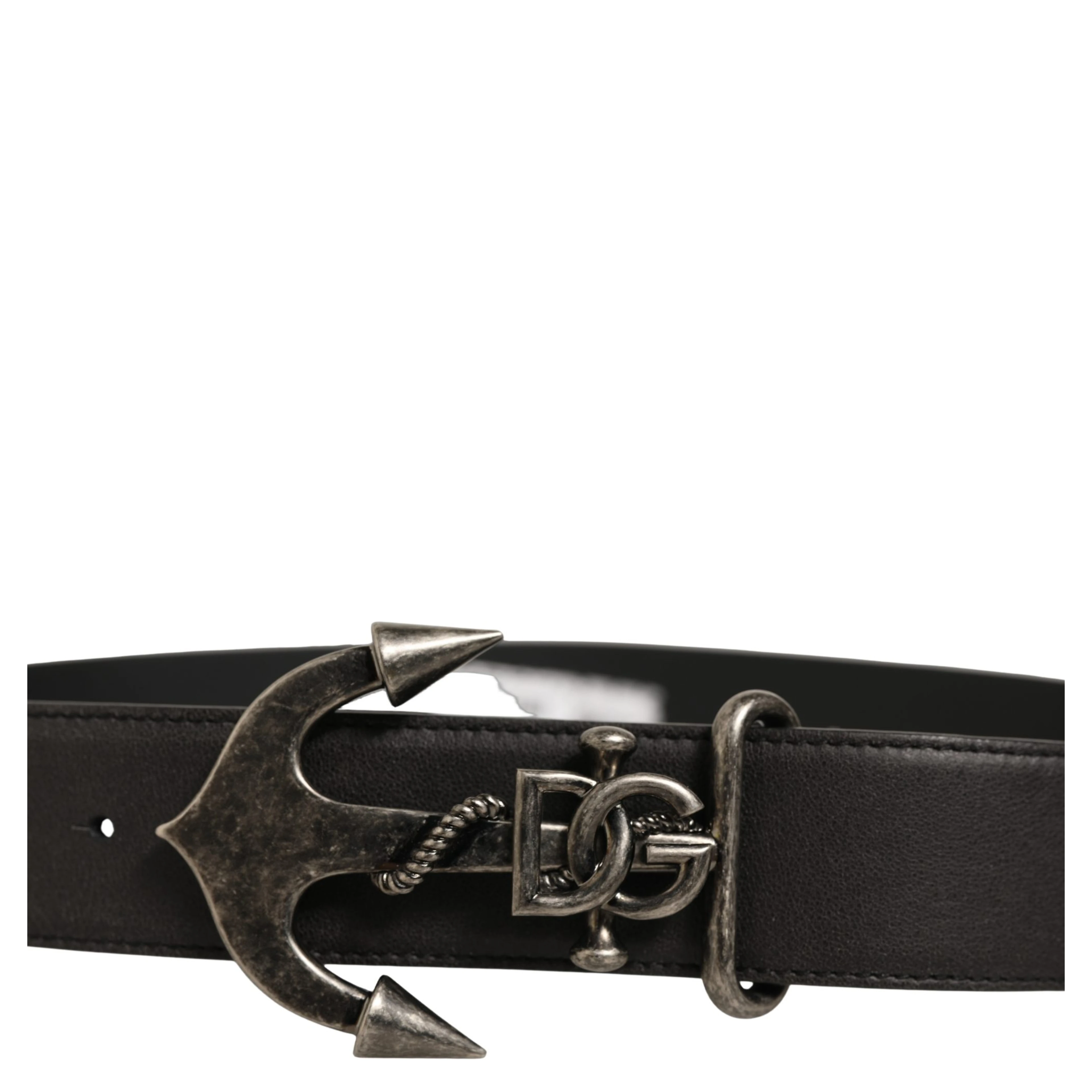 Black Leather Anchor Logo Metal Buckle Belt