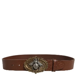 Brown Leather Bee Accent Metal Buckle Belt