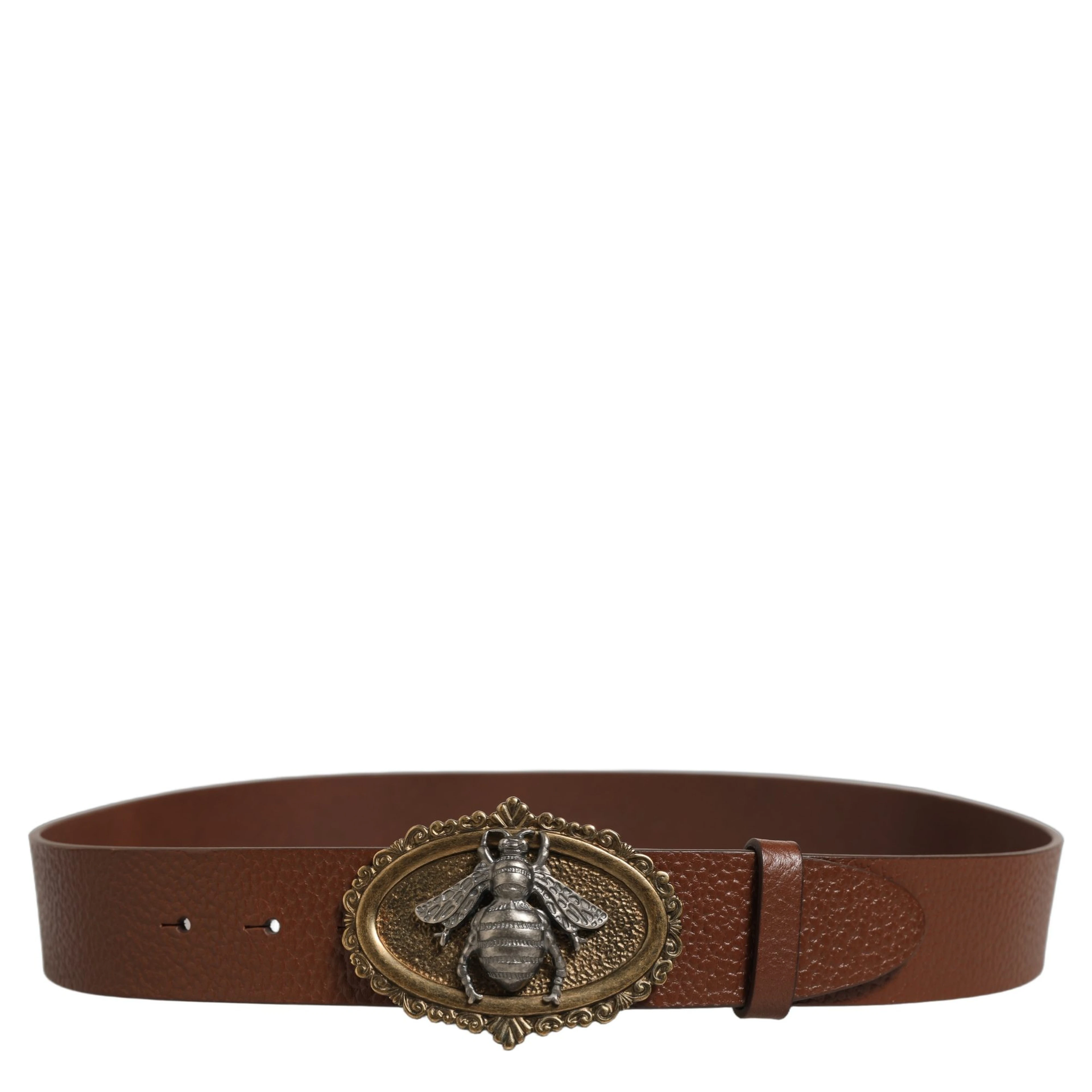 Brown Leather Bee Accent Metal Buckle Belt