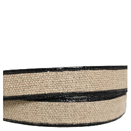 Beige Black Woven Leather Metal Buckle Belt
