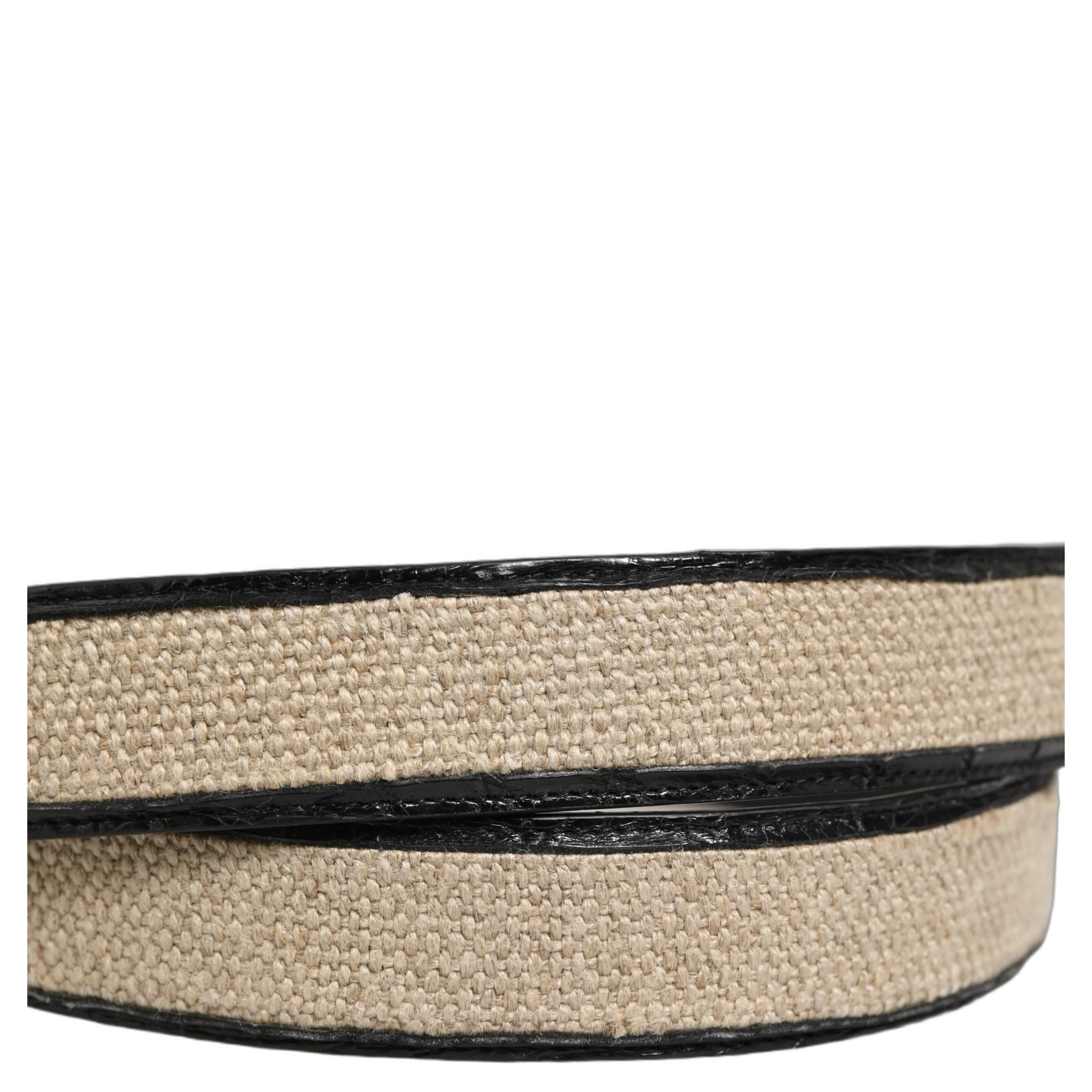 Beige Black Woven Leather Metal Buckle Belt
