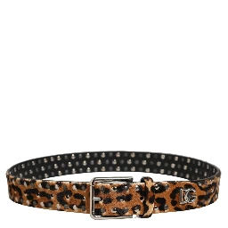 Brown Leopard Calf Hair Studs Metal Buckle Belt