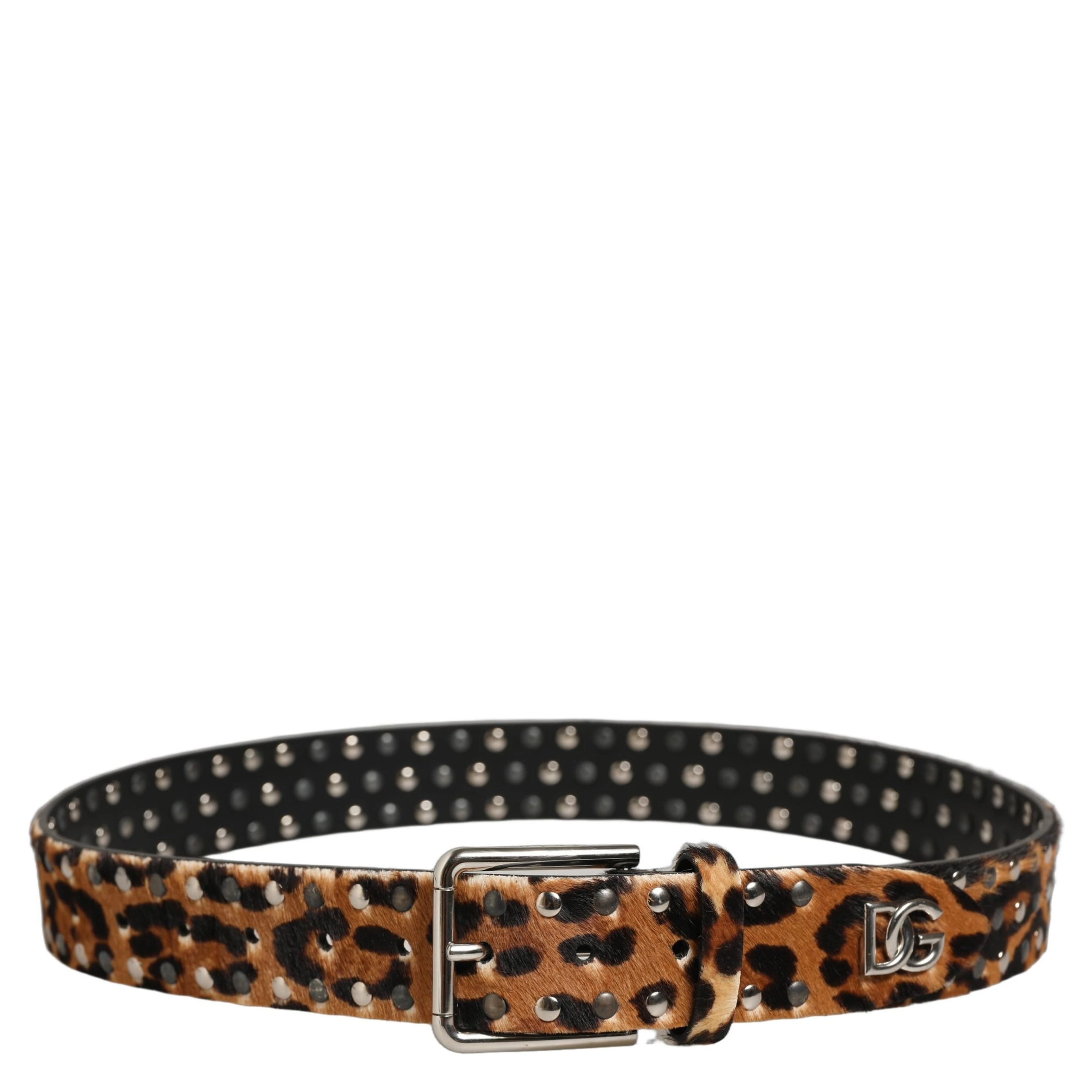 Brown Leopard Calf Hair Studs Metal Buckle Belt