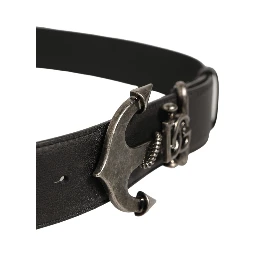 Black Leather Anchor Logo Metal Buckle Belt