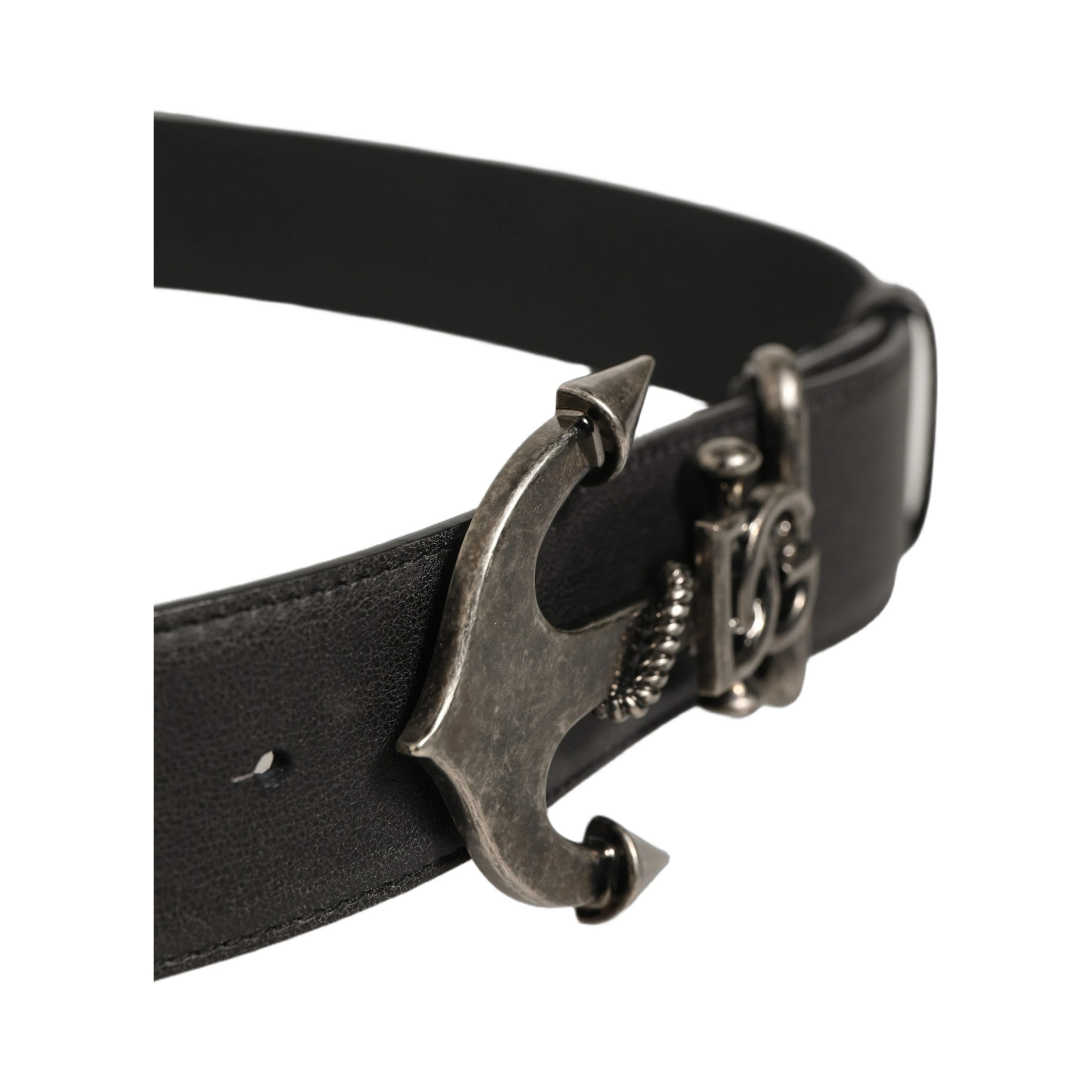 Black Leather Anchor Logo Metal Buckle Belt