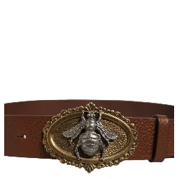 Brown Leather Bee Accent Metal Buckle Belt