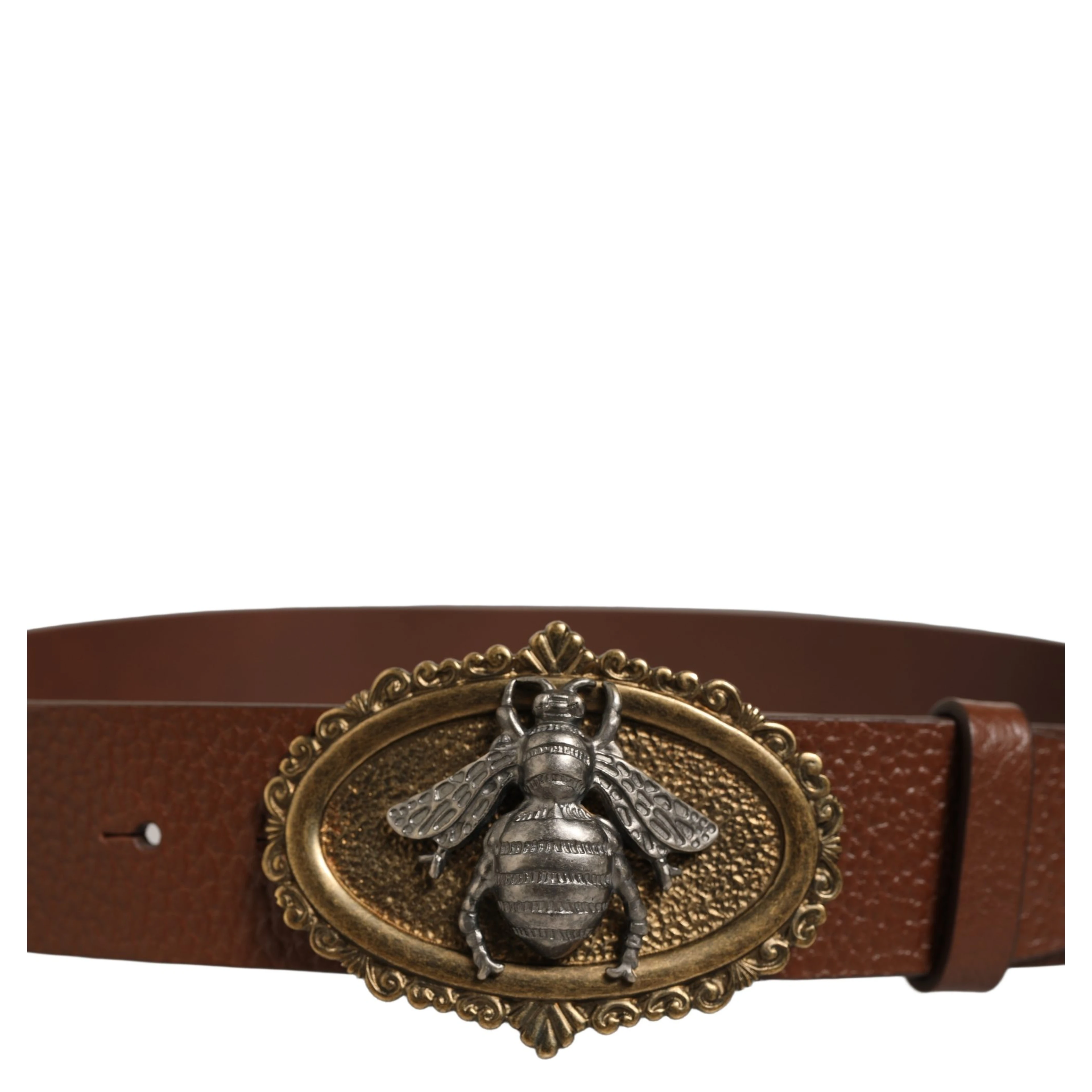 Brown Leather Bee Accent Metal Buckle Belt