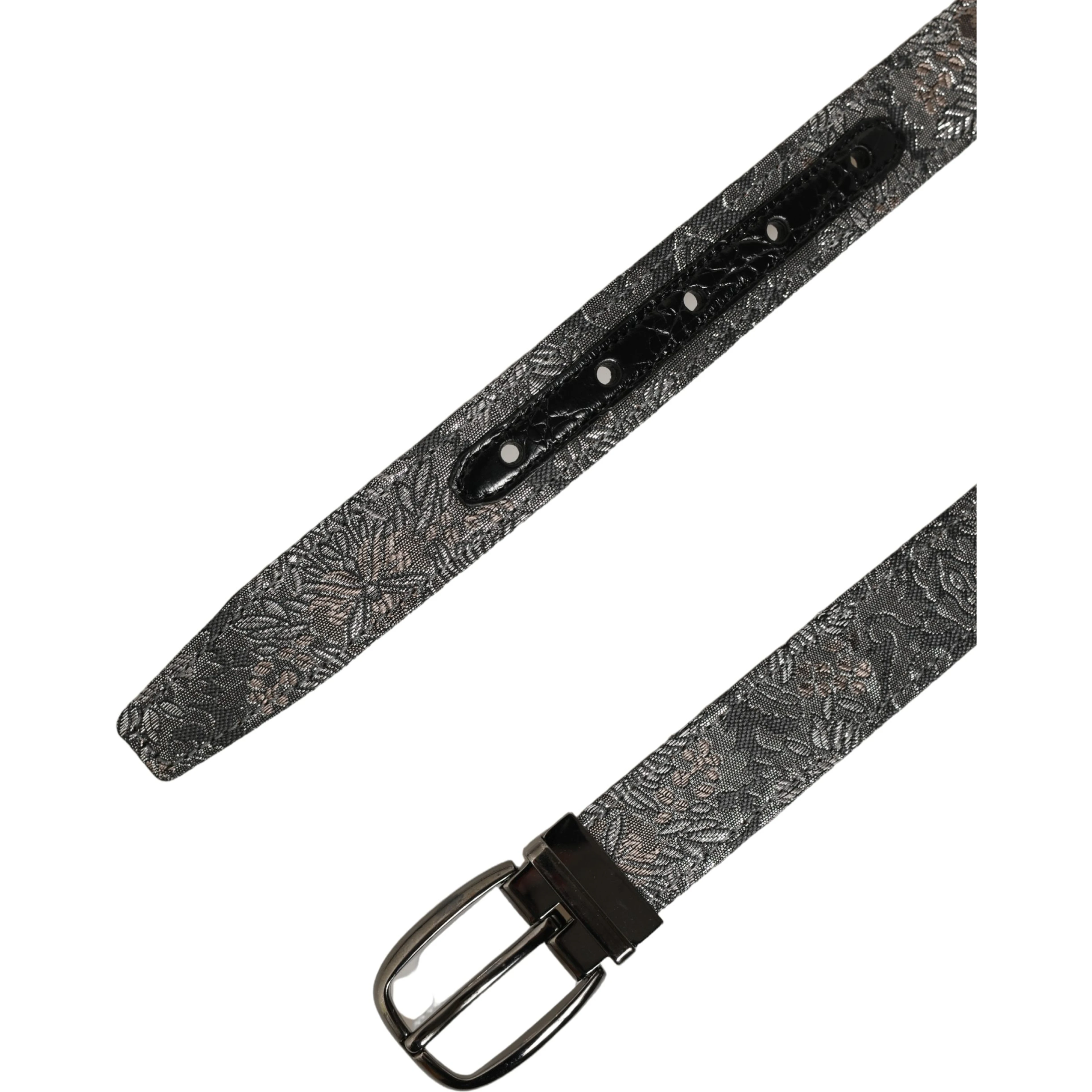 Silver Black Floral Jacquard Metal Buckle Belt