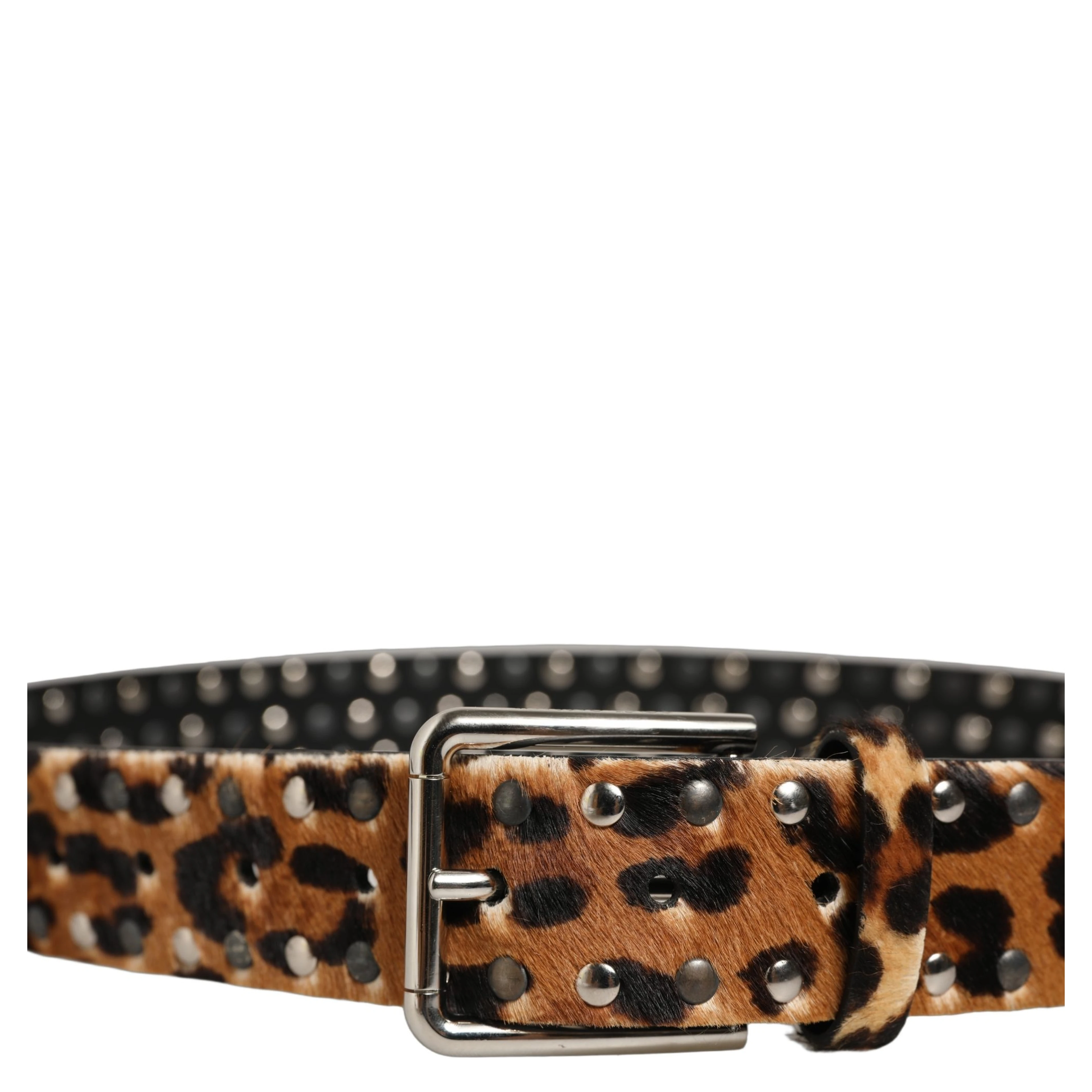 Brown Leopard Calf Hair Studs Metal Buckle Belt