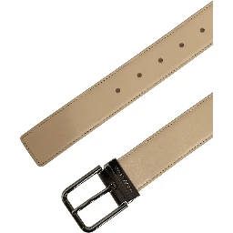 Beige Leather Silver Tone Metal Buckle Belt