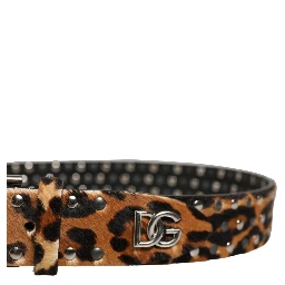 Brown Leopard Calf Hair Studs Metal Buckle Belt