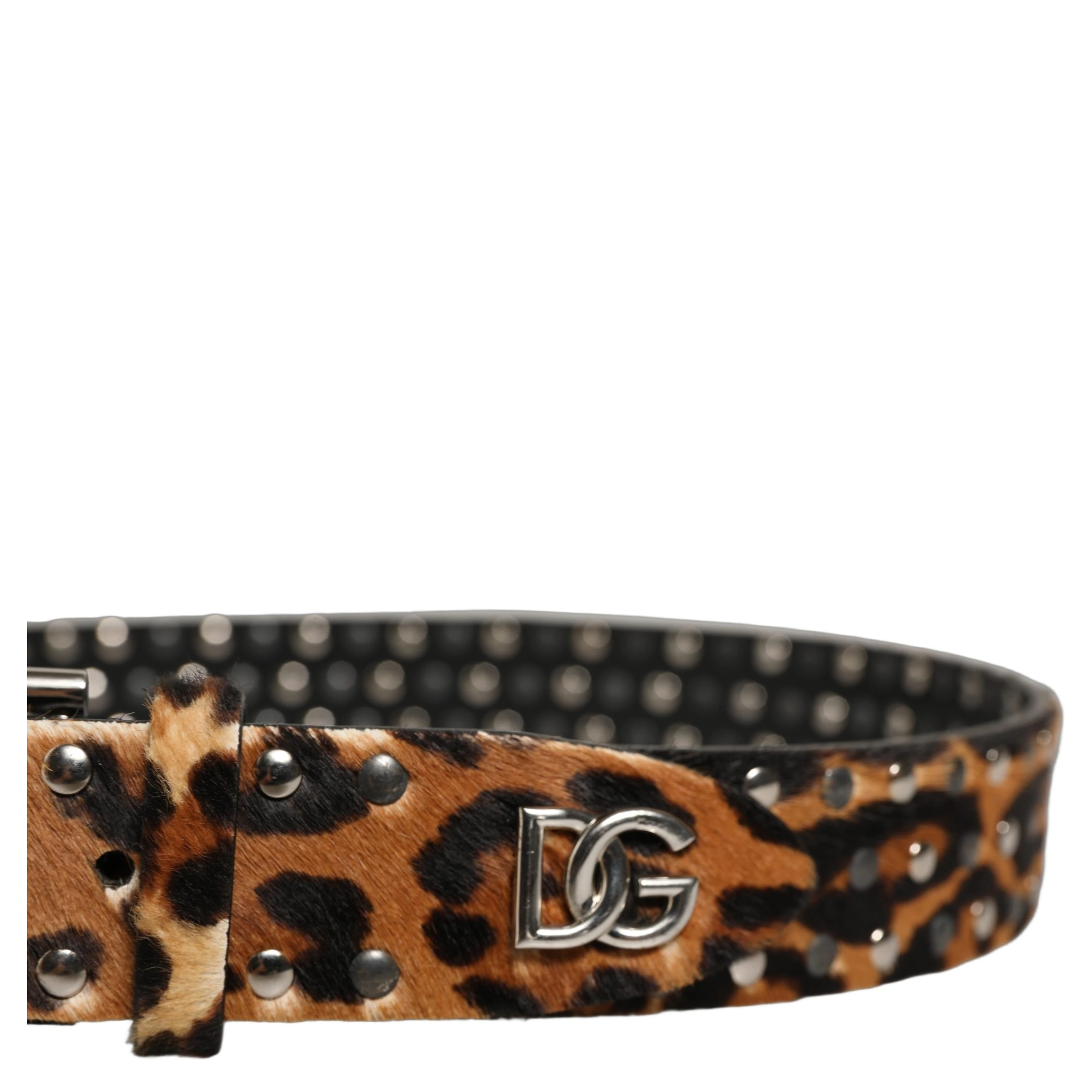 Brown Leopard Calf Hair Studs Metal Buckle Belt