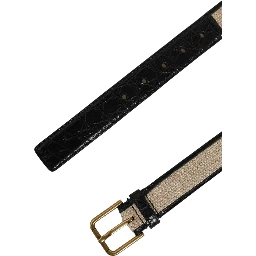 Beige Black Woven Leather Metal Buckle Belt