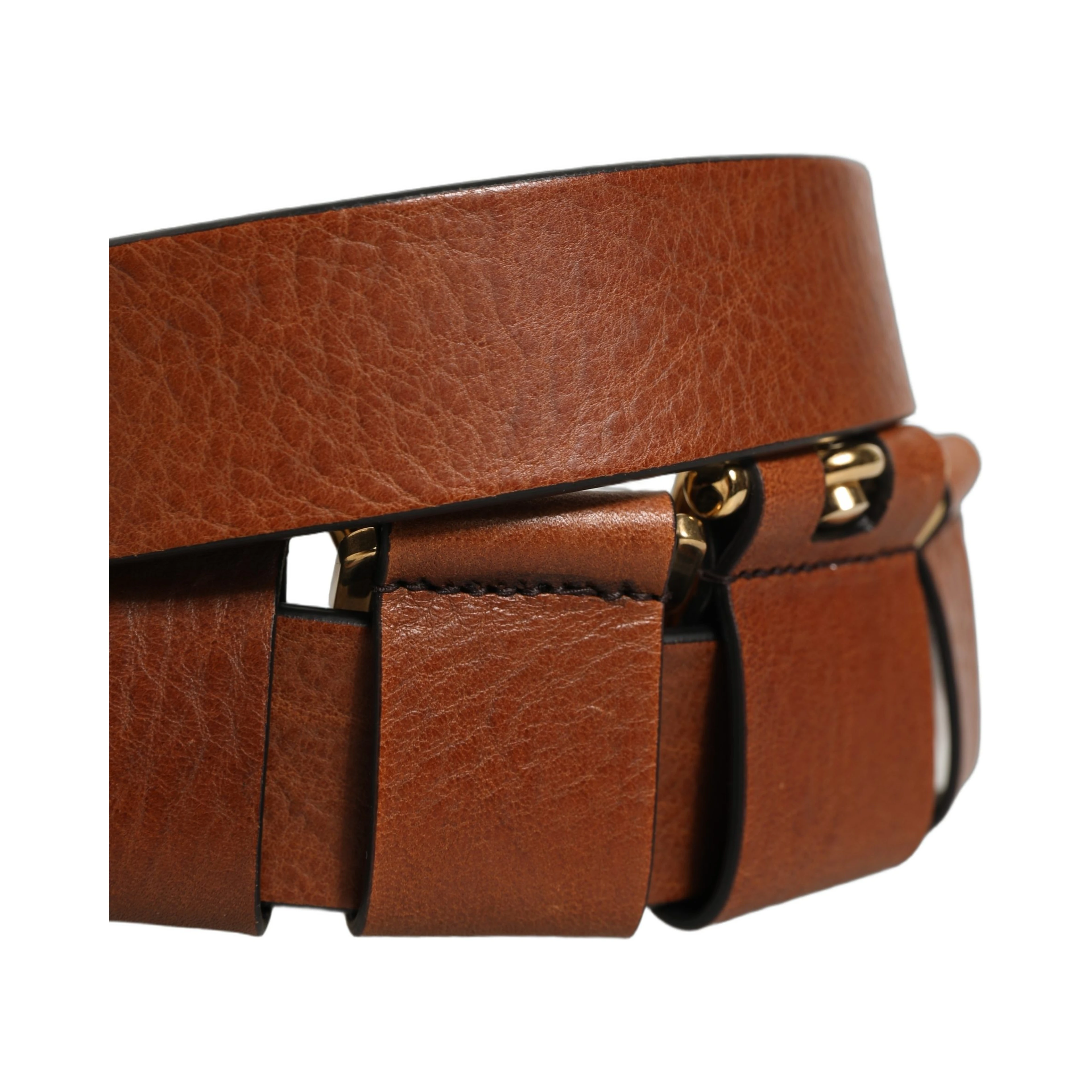 Brown Leather Gold Metal Rings Buckle Belt