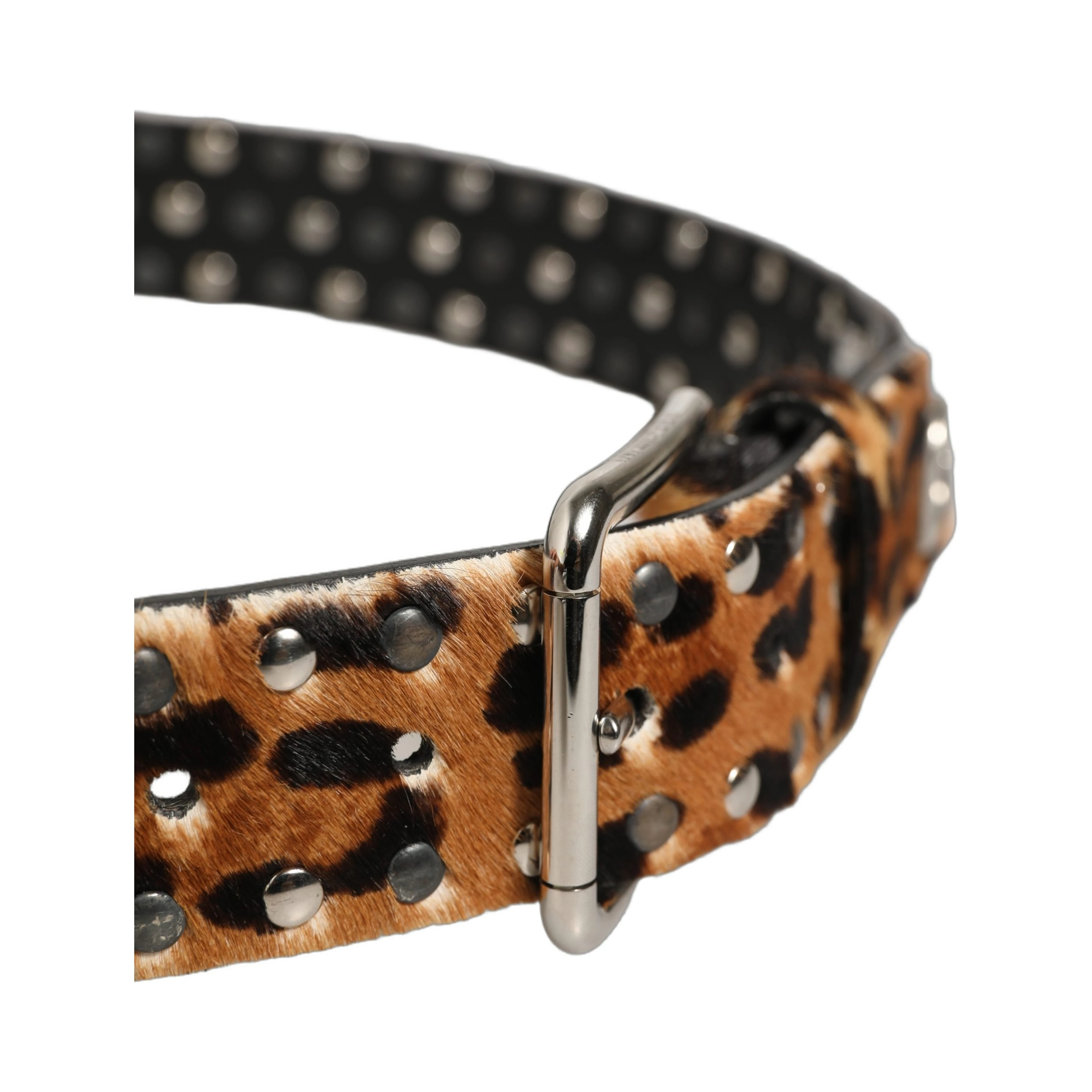 Brown Leopard Calf Hair Studs Metal Buckle Belt