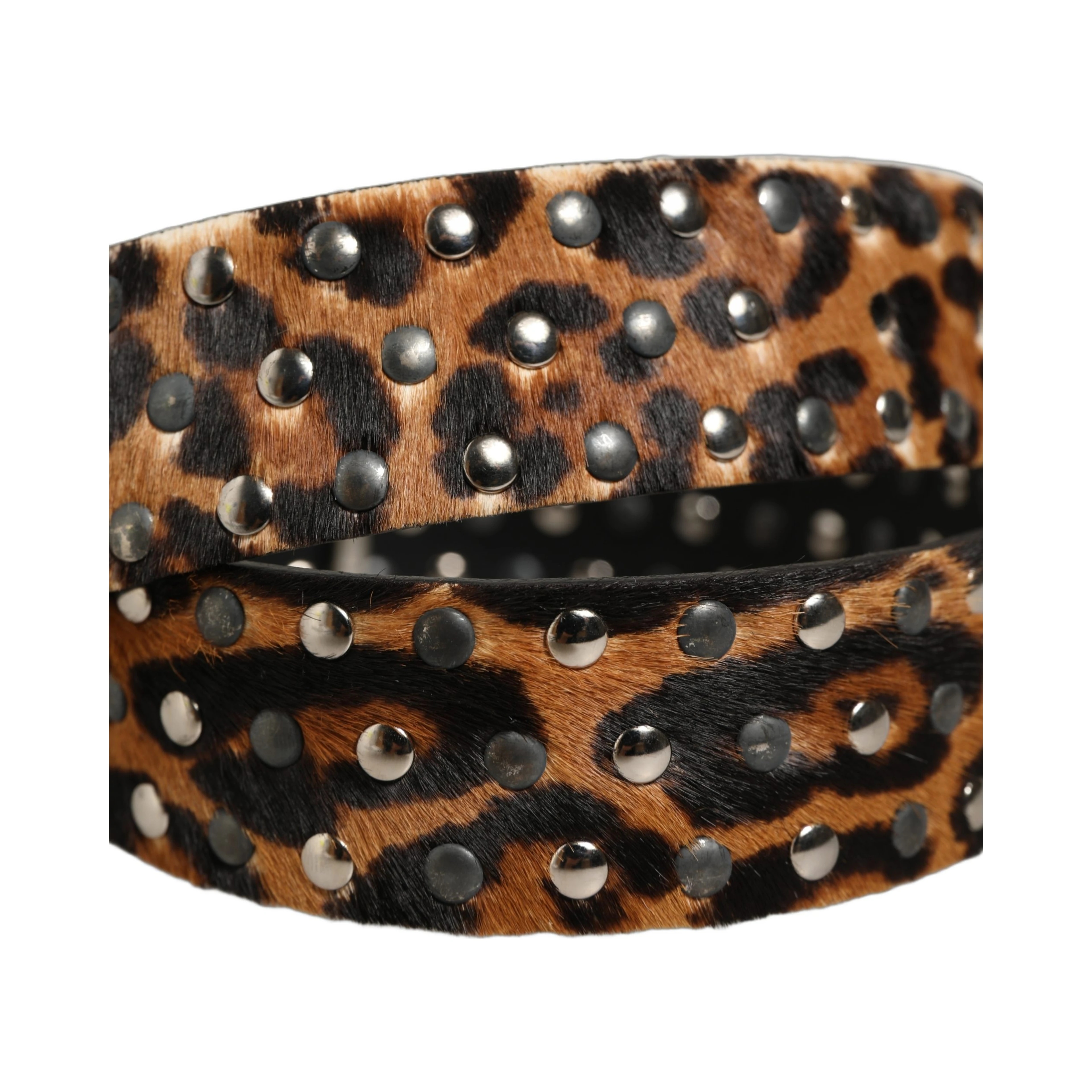 Brown Leopard Calf Hair Studs Metal Buckle Belt