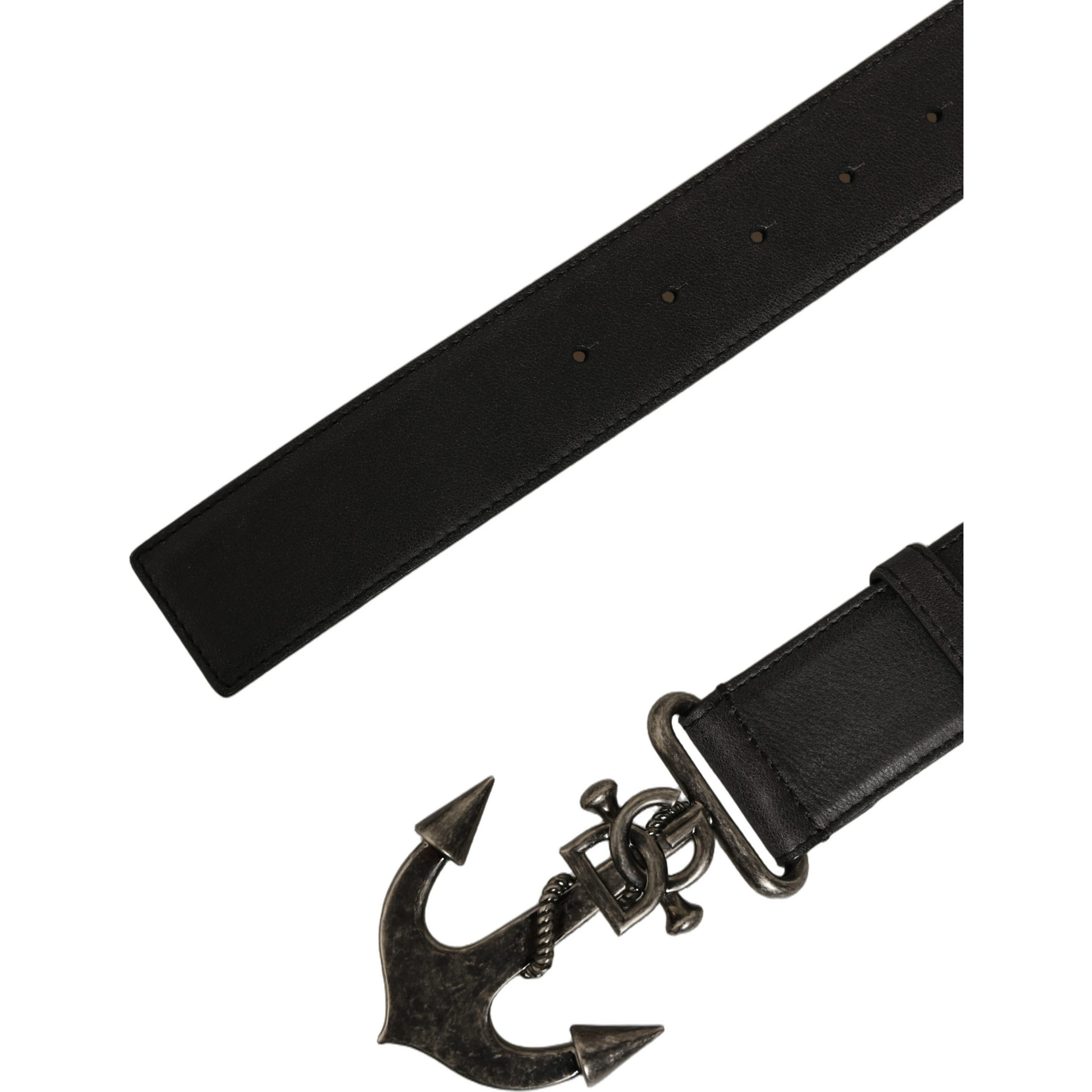 Black Leather Anchor Logo Metal Buckle Belt
