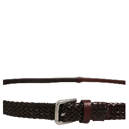 Dark Brown Woven Leather Metal Buckle Belt