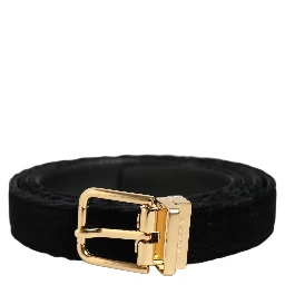 Men Black Velvet Gold Tone Metal Buckle Belt