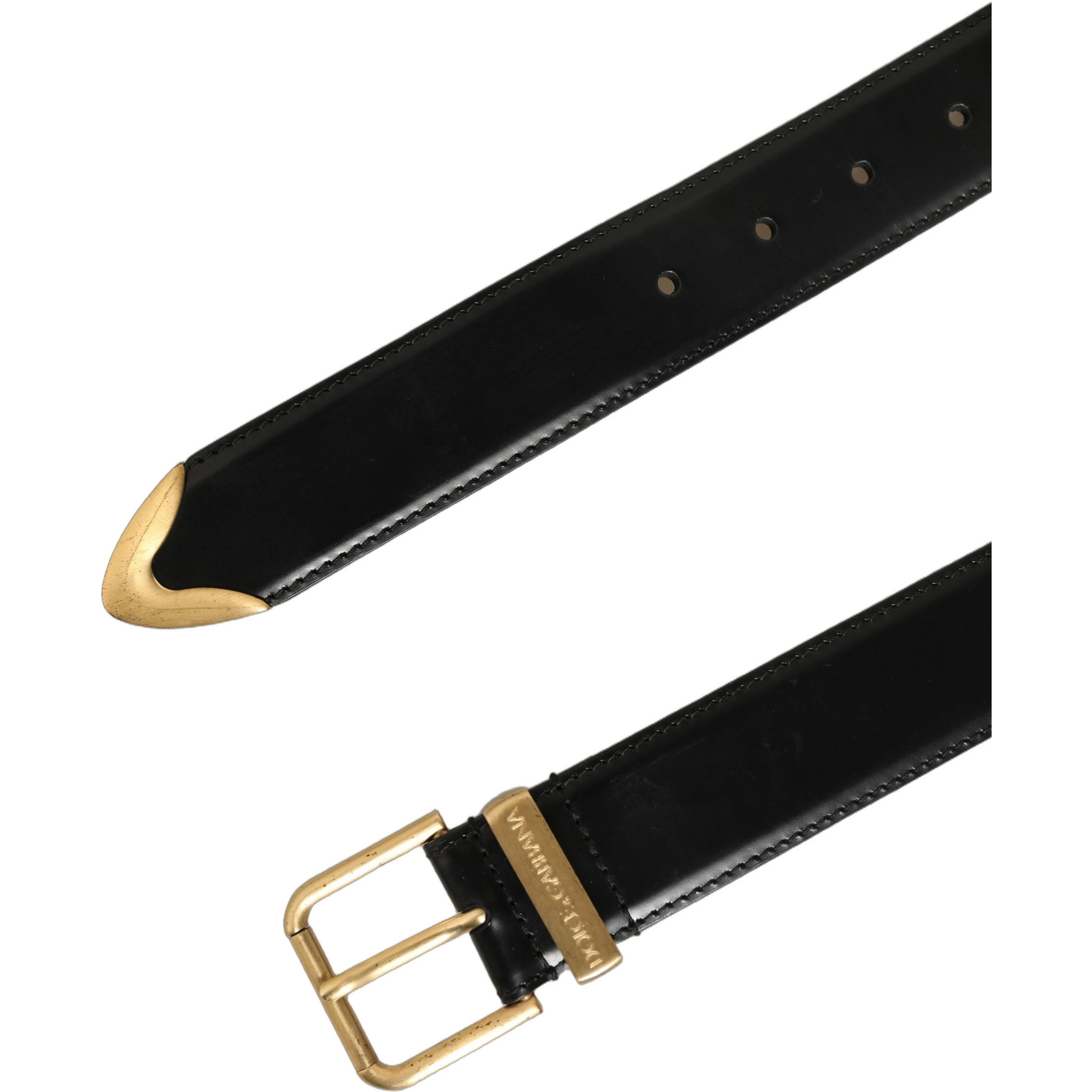 Black Leather Gold Logo Engraved Buckle Belt