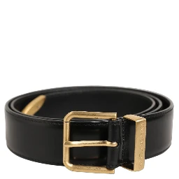 Black Leather Gold Logo Engraved Buckle Belt