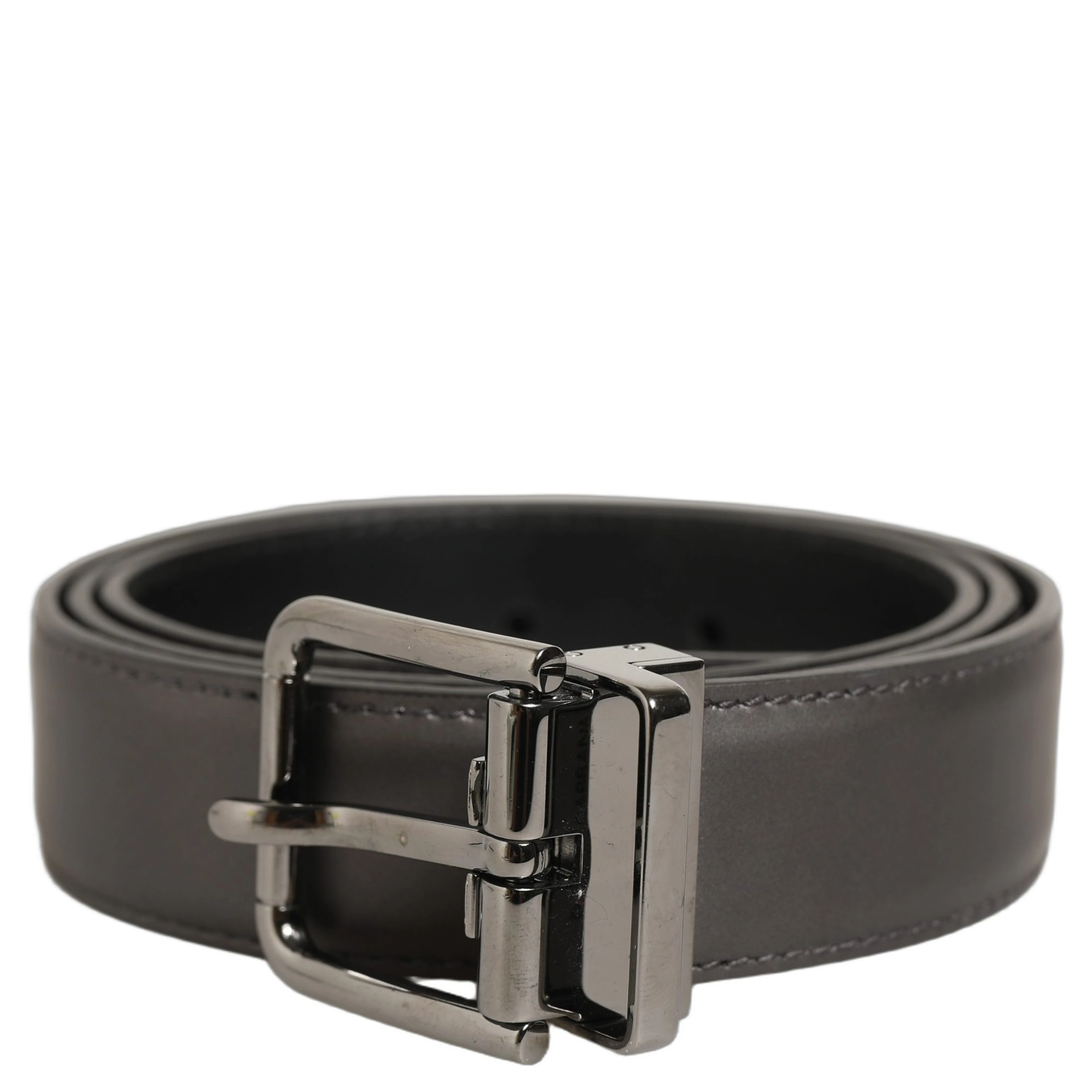 Dark Gray Leather Metal Buckle Classic Belt