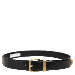 Black Leather Gold Logo Engraved Buckle Belt