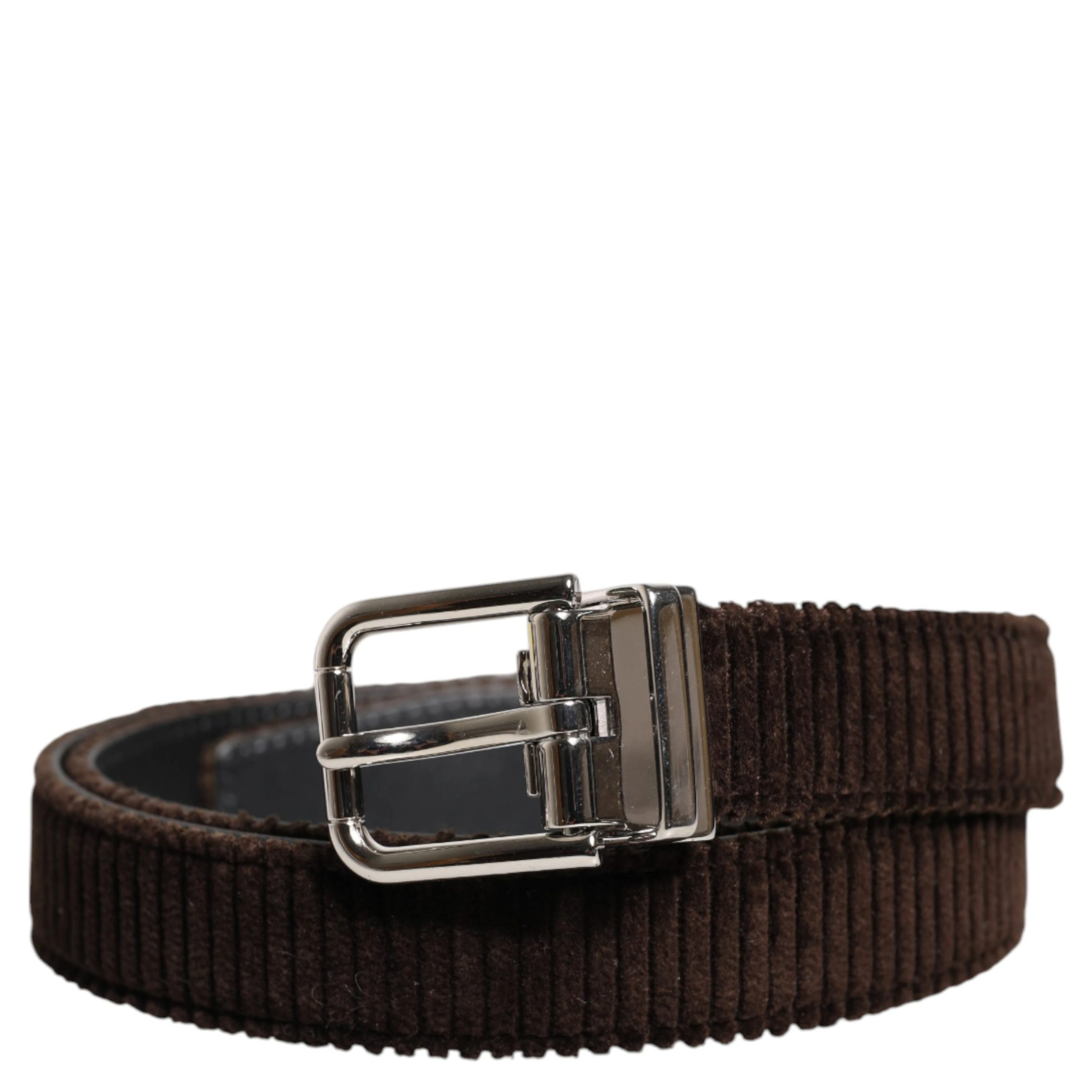 Men Brown Velvet Ridged Silver Buckle Belt