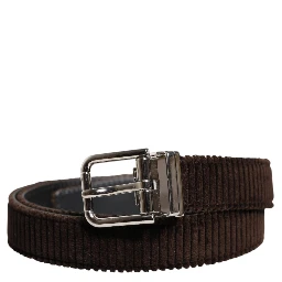 Men Brown Velvet Ridged Silver Buckle Belt