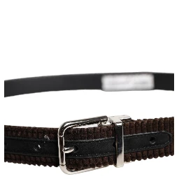 Men Brown Velvet Ridged Silver Buckle Belt