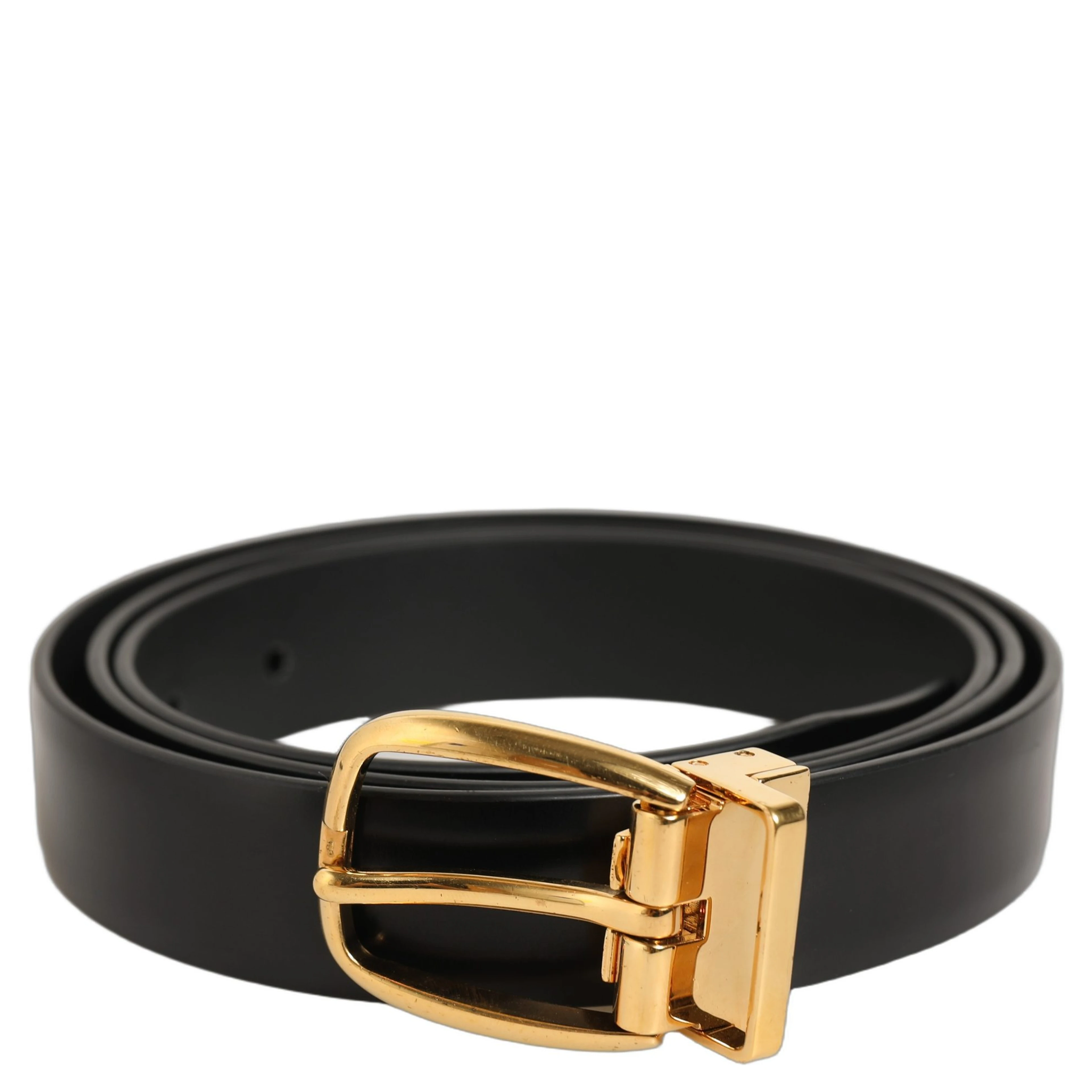 Black Leather Gold Tone Metal Buckle Belt