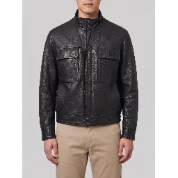 Black hammered leather bomber jacket