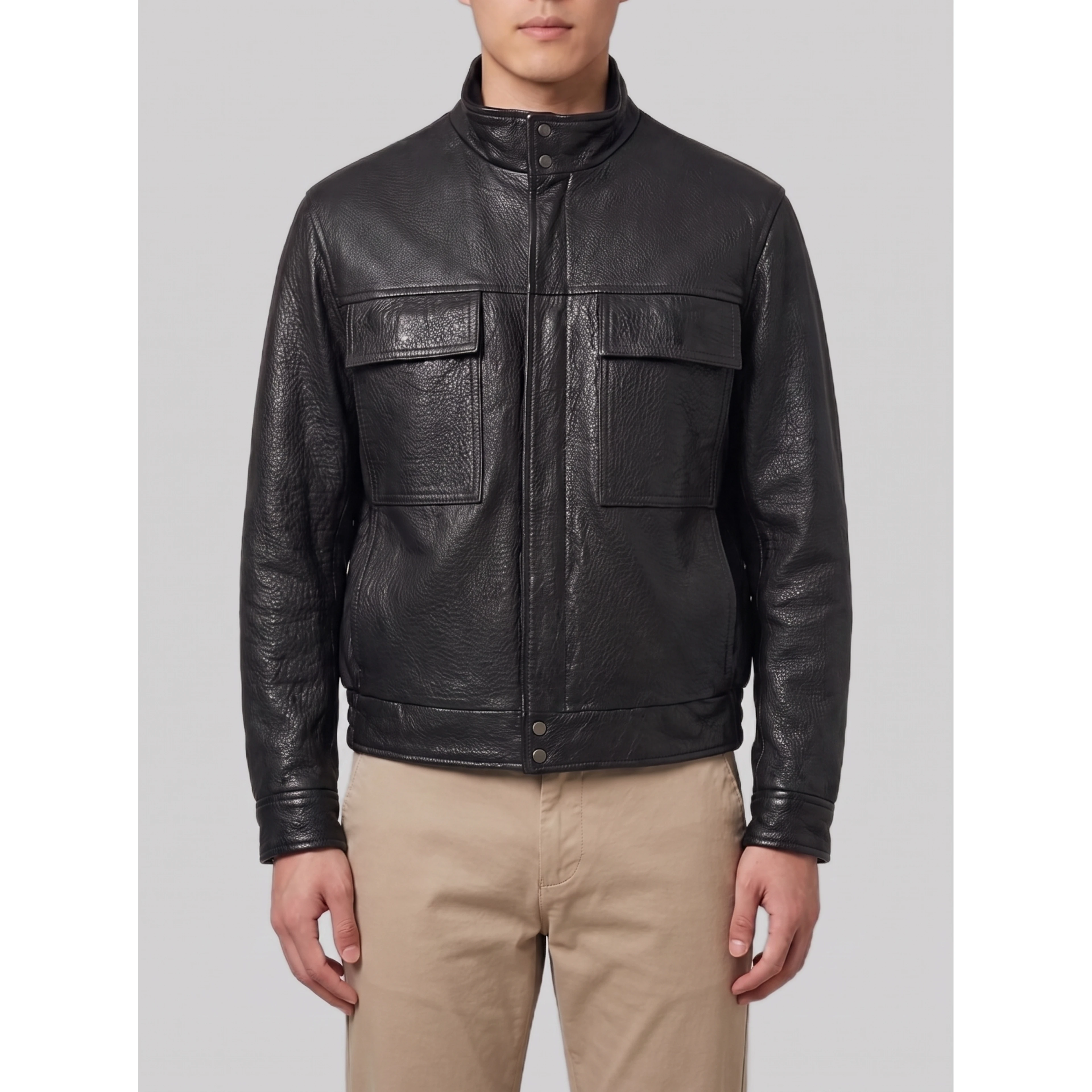 Black hammered leather bomber jacket
