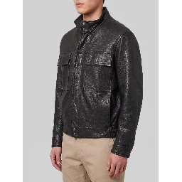 Black hammered leather bomber jacket