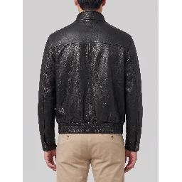 Black hammered leather bomber jacket