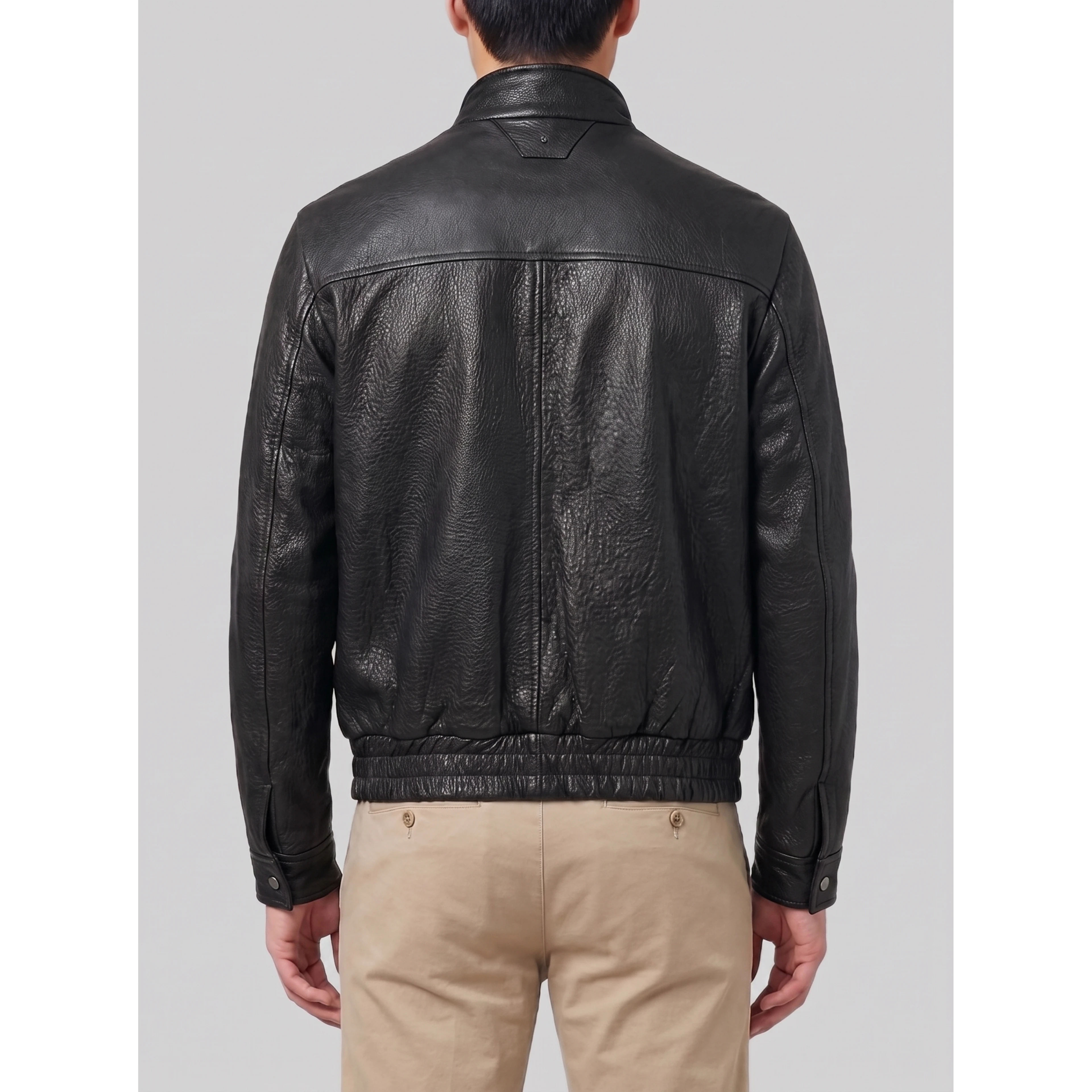 Black hammered leather bomber jacket