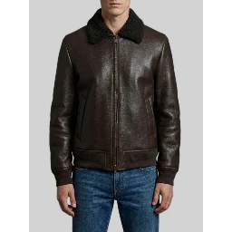 Dark brown leather shearling bomber jacket