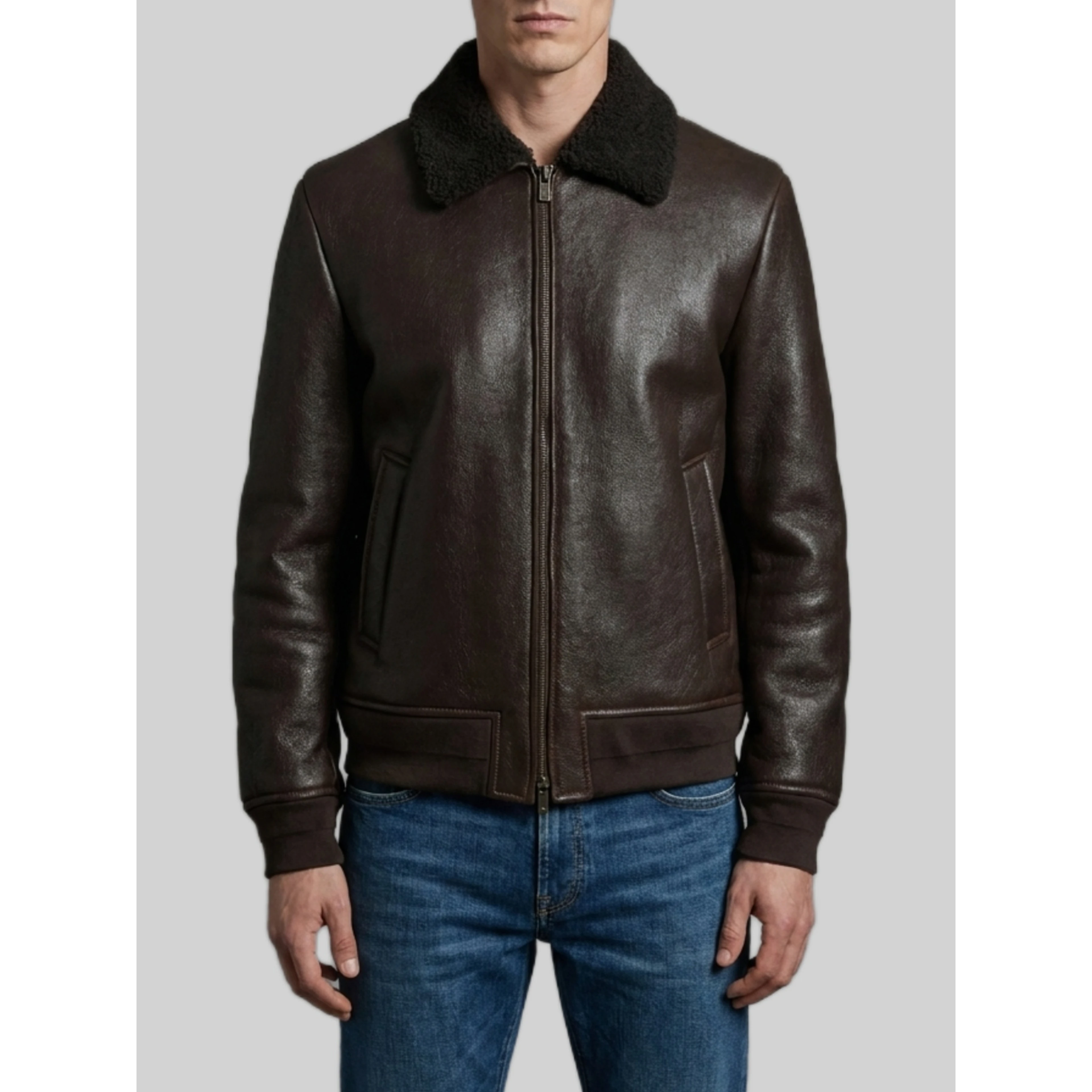 Dark brown leather shearling bomber jacket