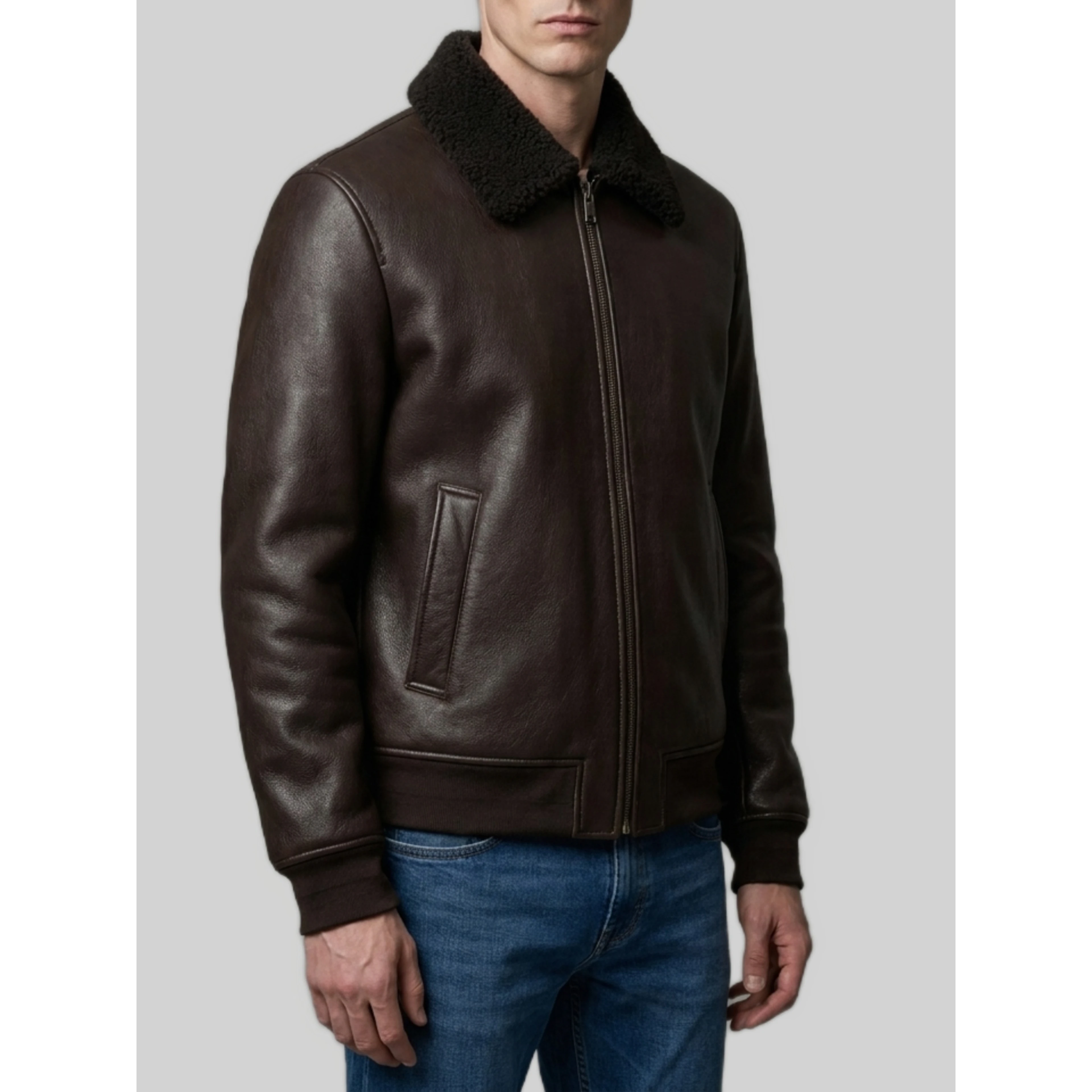 Dark brown leather shearling bomber jacket