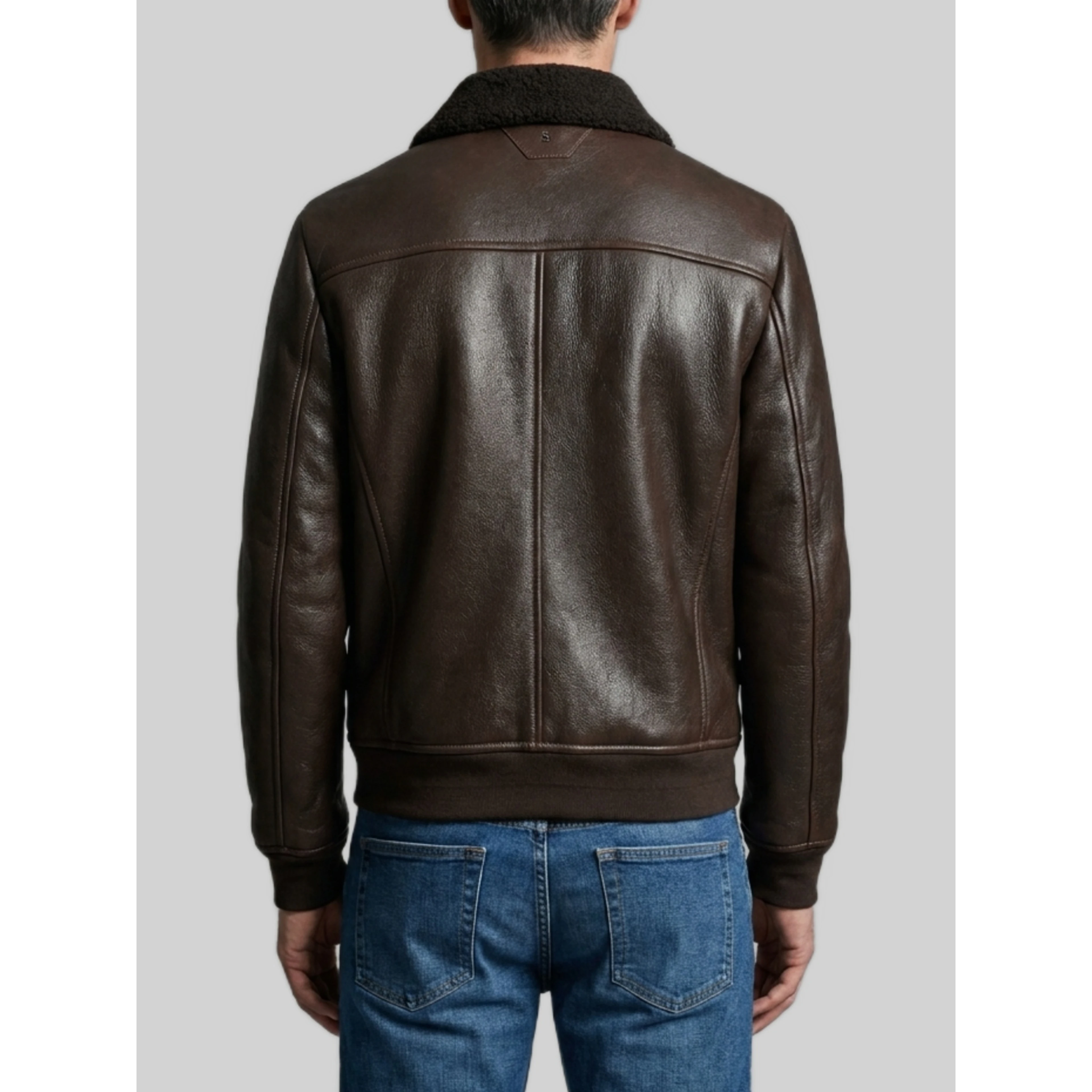 Dark brown leather shearling bomber jacket