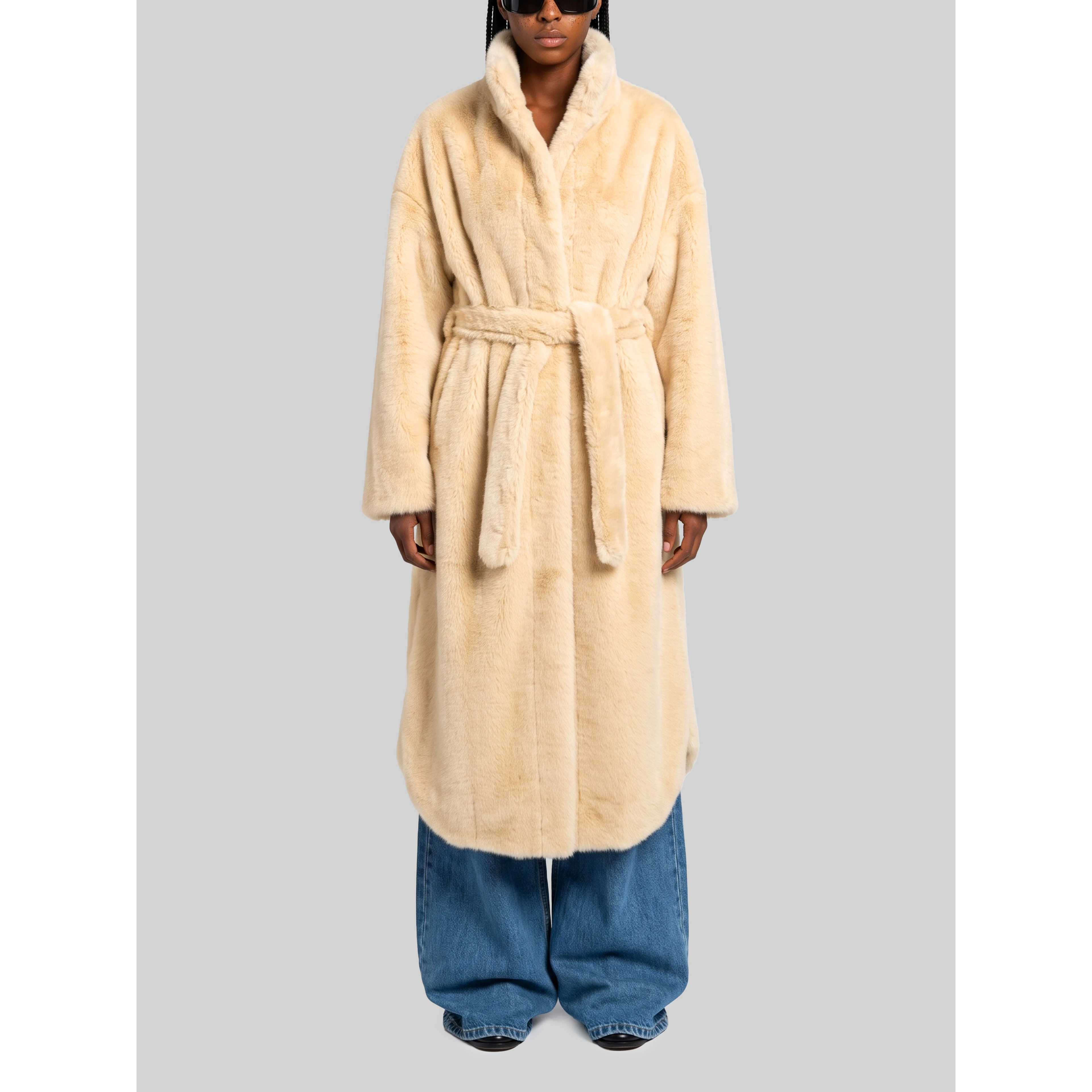 Camel Ravello faux fur robe coat