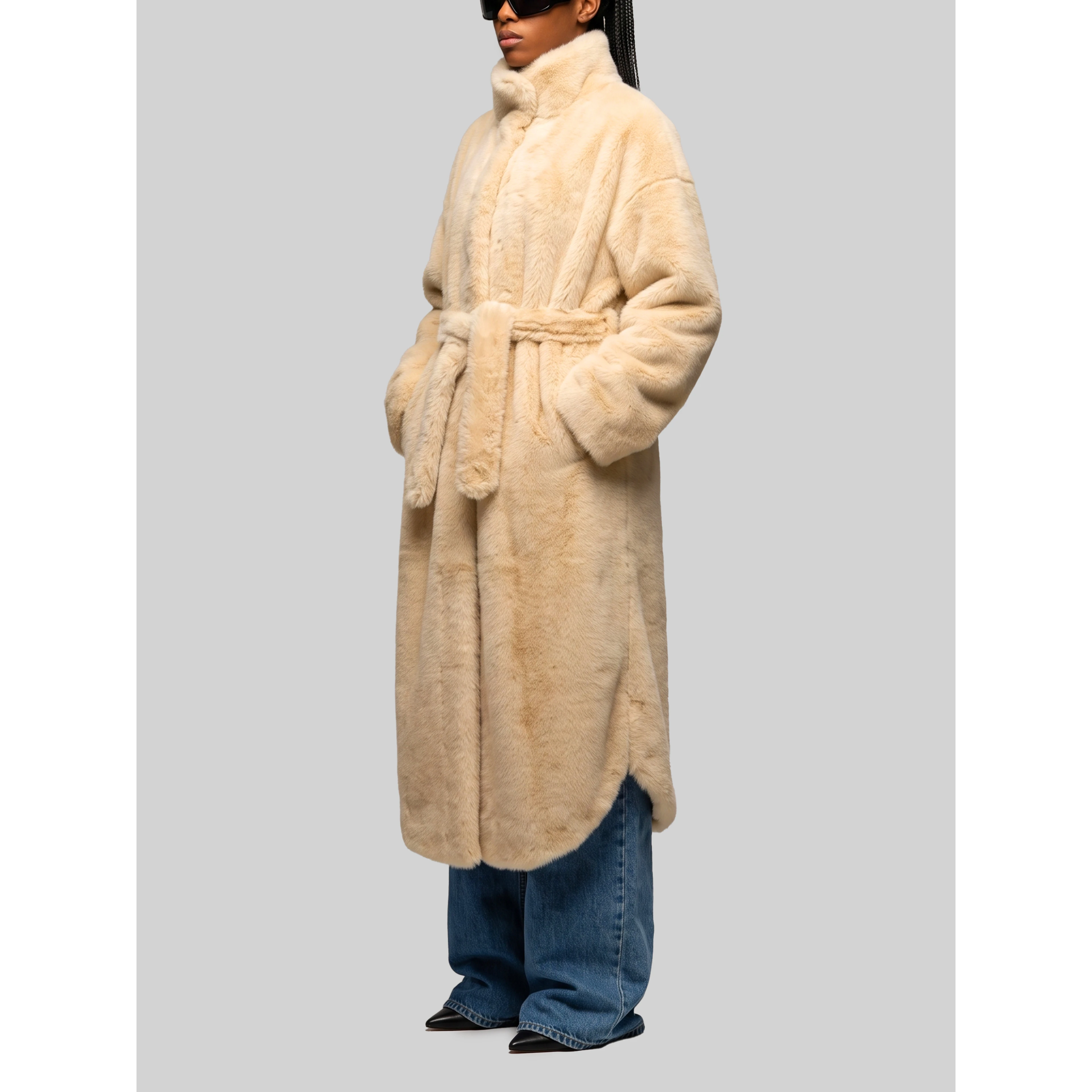 Camel Ravello faux fur robe coat